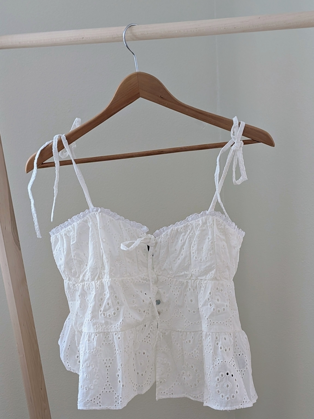 NWT Zara Embroidered Eyelet Tie-Strap Peplum Top In White - S